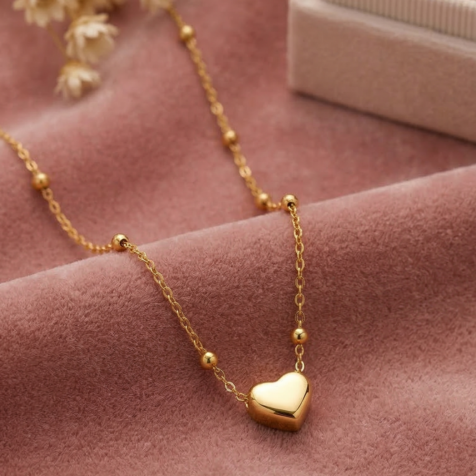 Gold necklace with a heart pendant on a pink fabric background